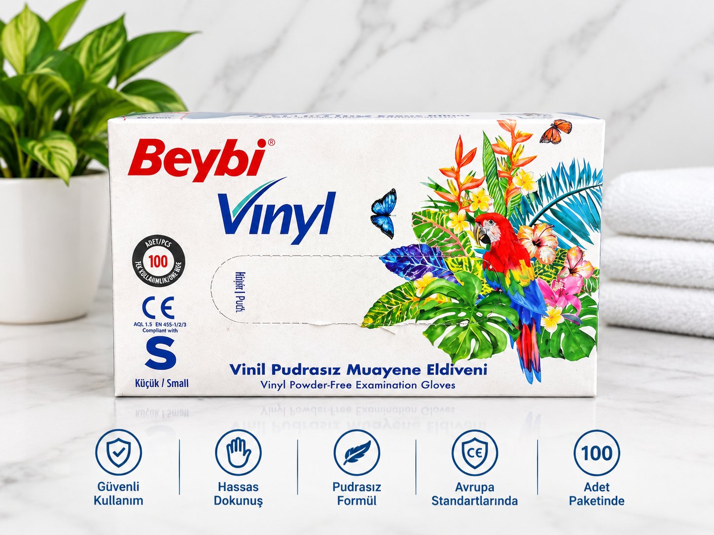 Beybi Vinil Pudrasız Kuaför & Bakım Eldiveni (Small / 100'lü Paket)